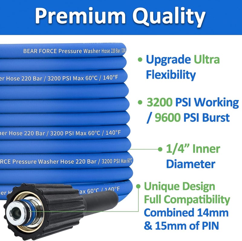 BEAR FORCE Super Flexible Pressure Washer Hose M22 Brass Fitting 32ft 1/4" 3200PSI, Kink Resistant Extension Hose,Power Washer Hose Replacement for Ryobi, Troy Bilt, Greenworks, CRAFTSMAN Most Brand Power Washer - Image 2